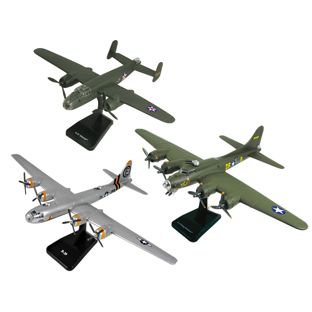 SET of 3 InAir E-Z Build Highly Detailed 1:144 Scale Plastic Model Kit Replicas of Heavy Bomber Aircraft with Detailed Markings and Display Stands that Include Everything Needed for Assembly. B-25 Mitchell, B-29 Superfortress, B-17 Flying Fortress.