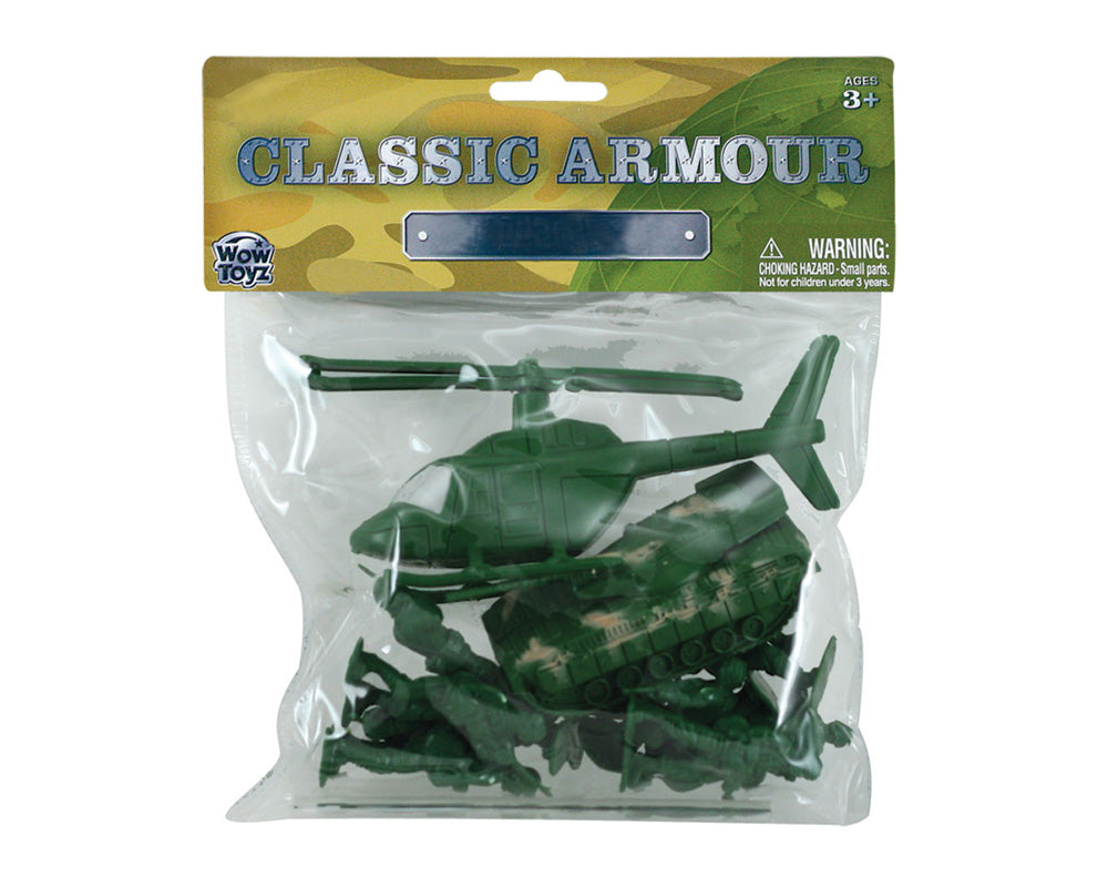 12 Piece Set of Plastic Army Men Troops featuring a Tank and Helicopter in its Original Packaging by Classic Armour.