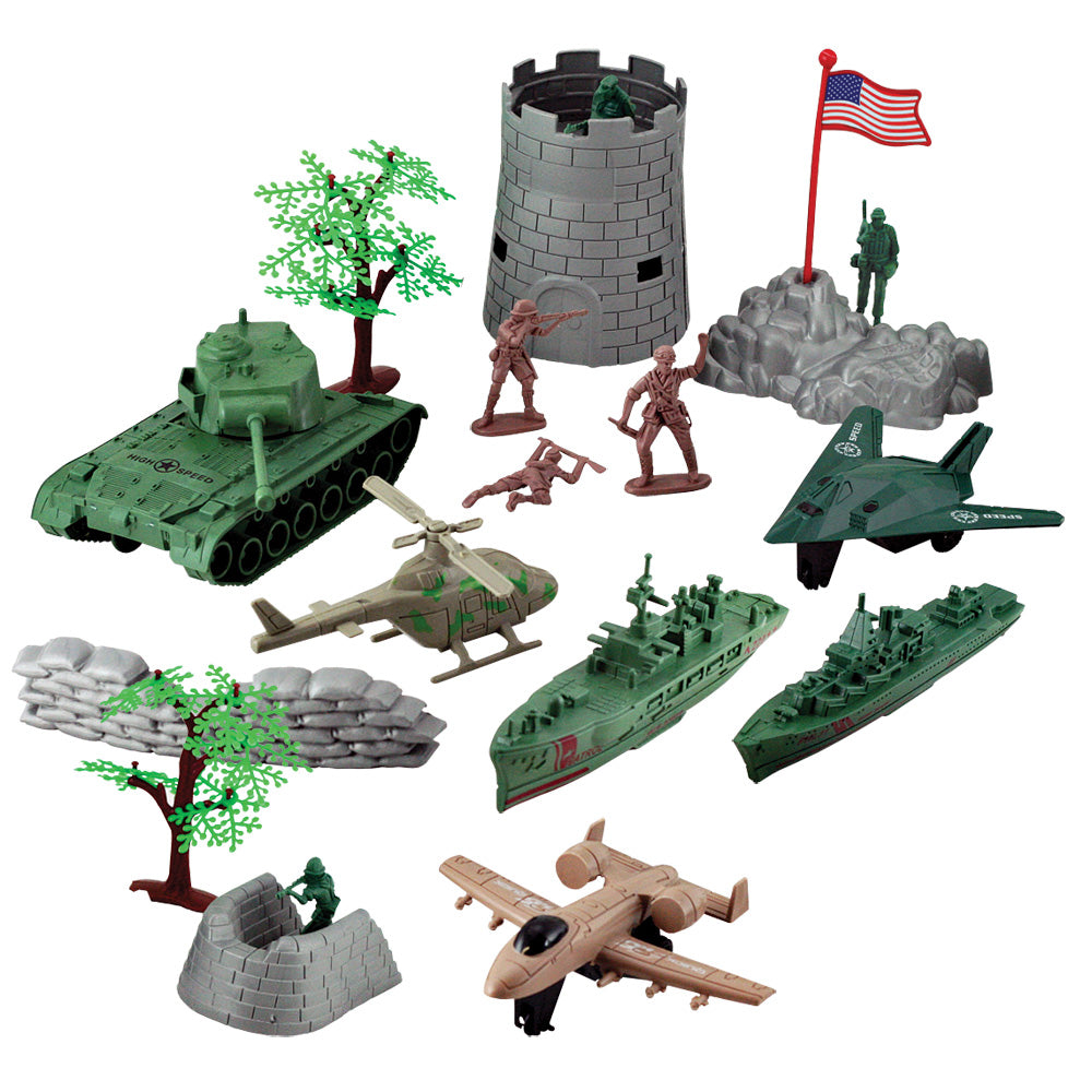 Deluxe Military Playset including 1 Tank, 1 Helicopter, 2 Aircraft, 2 Warships, Castle Tower, Bunkers, Trees, and Toy Soldiers in a Convenient Carry Case with Handle.