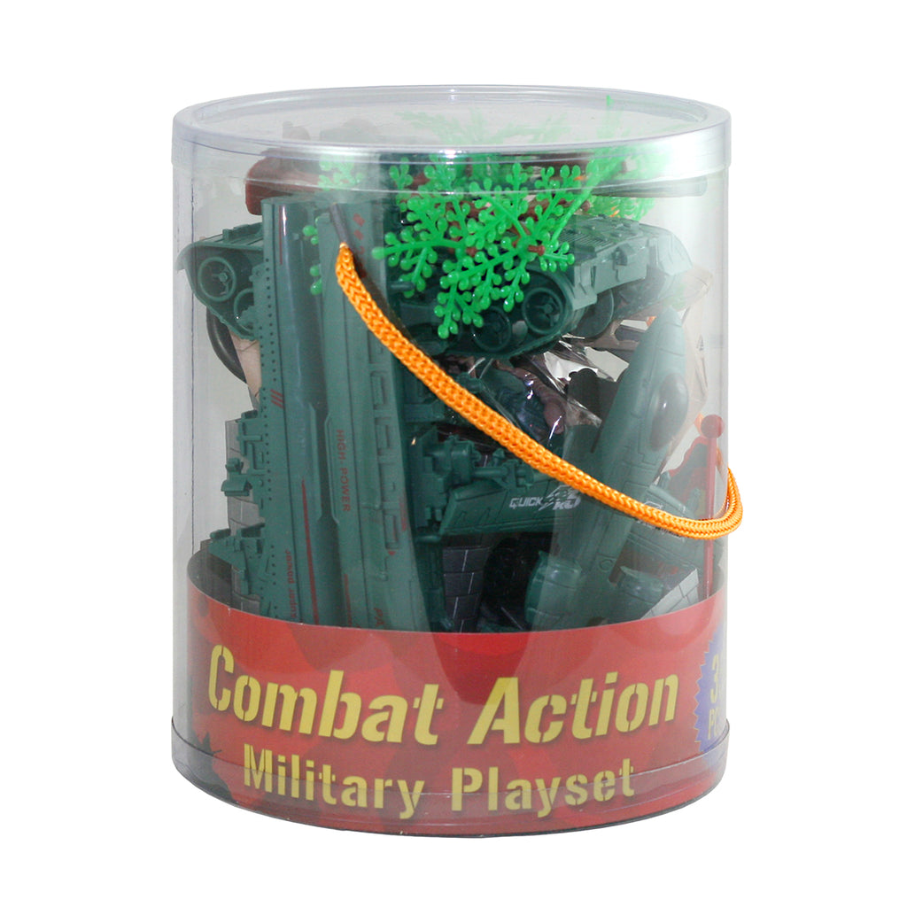 Deluxe Military Playset including 1 Tank, 1 Helicopter, 2 Aircraft, 2 Warships, Castle Tower, Bunkers, Trees, and Toy Soldiers in a Convenient Carry Case with Handle.
