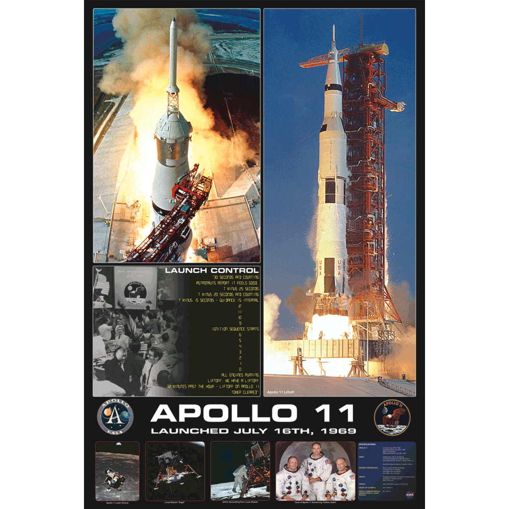 24 x 36 inch Non-Laminated Paper Poster Depicting Images of the NASA Apollo 11 Launch on July 16, 1969 and subsequent Landing on the Moon by EuroGraphics.