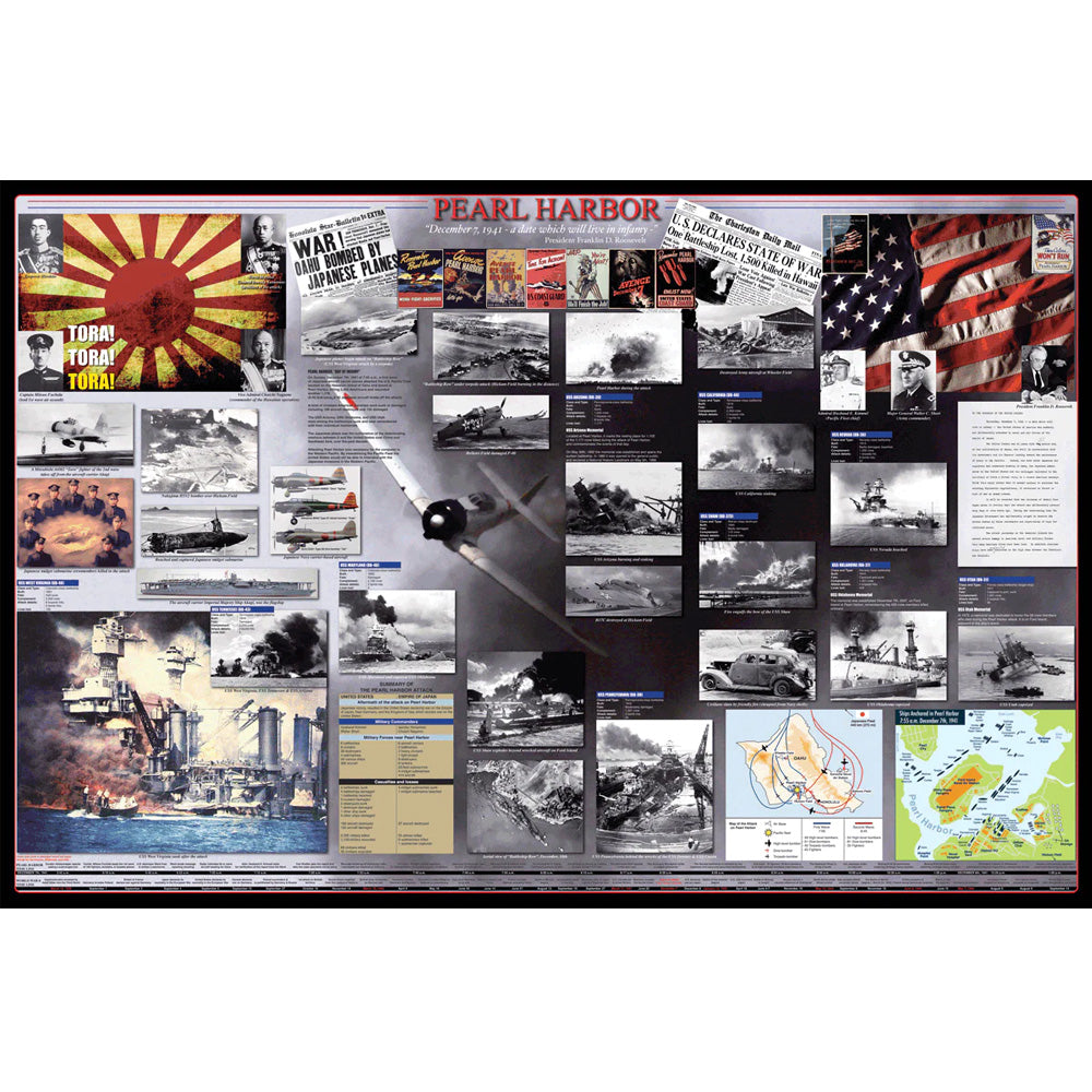 24 x 36 inch Non-Laminated Paper Poster Depicting Various Images, Diagrams, Photos, Descriptions and Newspaper Articles from the Attack on Pearl Harbor on December 7, 1941 by EuroGraphics.