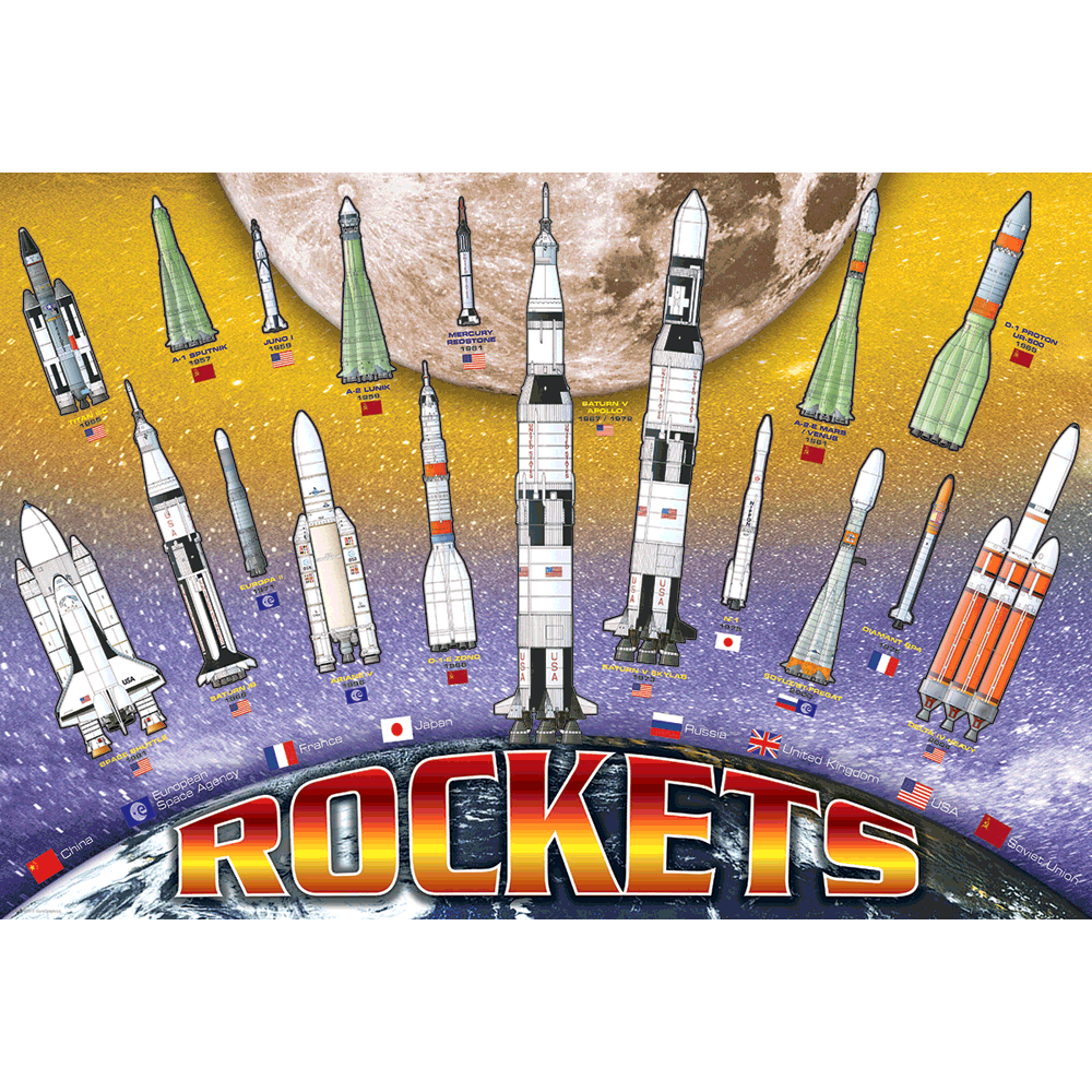 100 Piece Jigsaw Puzzle made from Recycled Paper depicting various Illustrated International Rockets throughout History with Earth and Moon shown in the Background by EuroGaphics.