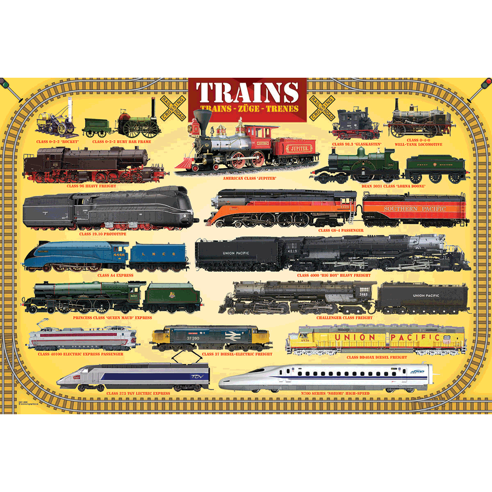 100 Piece Jigsaw Puzzle made from Recycled Paper depicting Illustrations of Various Steam and Diesel Locomotive Trains encircled by a Train Track Border by EuroGaphics.