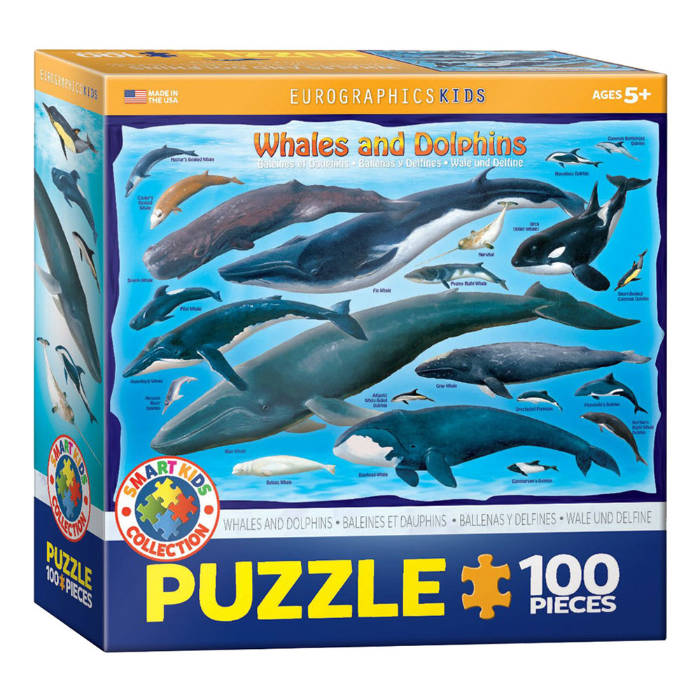 100 Piece Jigsaw Puzzle made from Recycled Paper depicting Illustrations of Various Whales and Dolphins and their respective size to one another in its original packaging by EuroGaphics.