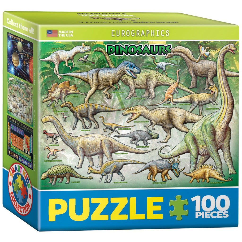 100 Piece Jigsaw Puzzle made from Recycled Paper depicting various Dinosaurs in its original packaging by EuroGaphics.