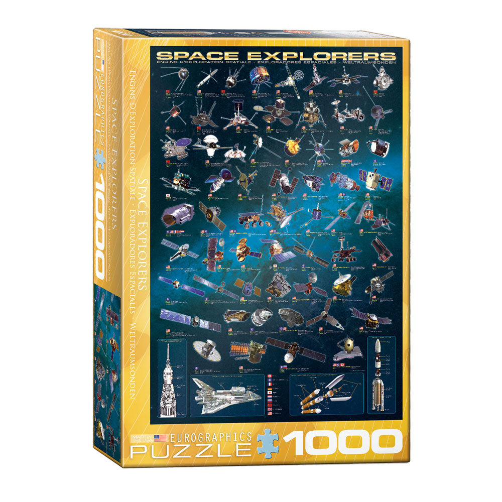1,000 Piece Jigsaw Puzzle made from Recycled Paper depicting Various  Space Explorer Satellites and Space Rockets throughout History shown in its original packaging by EuroGraphics.