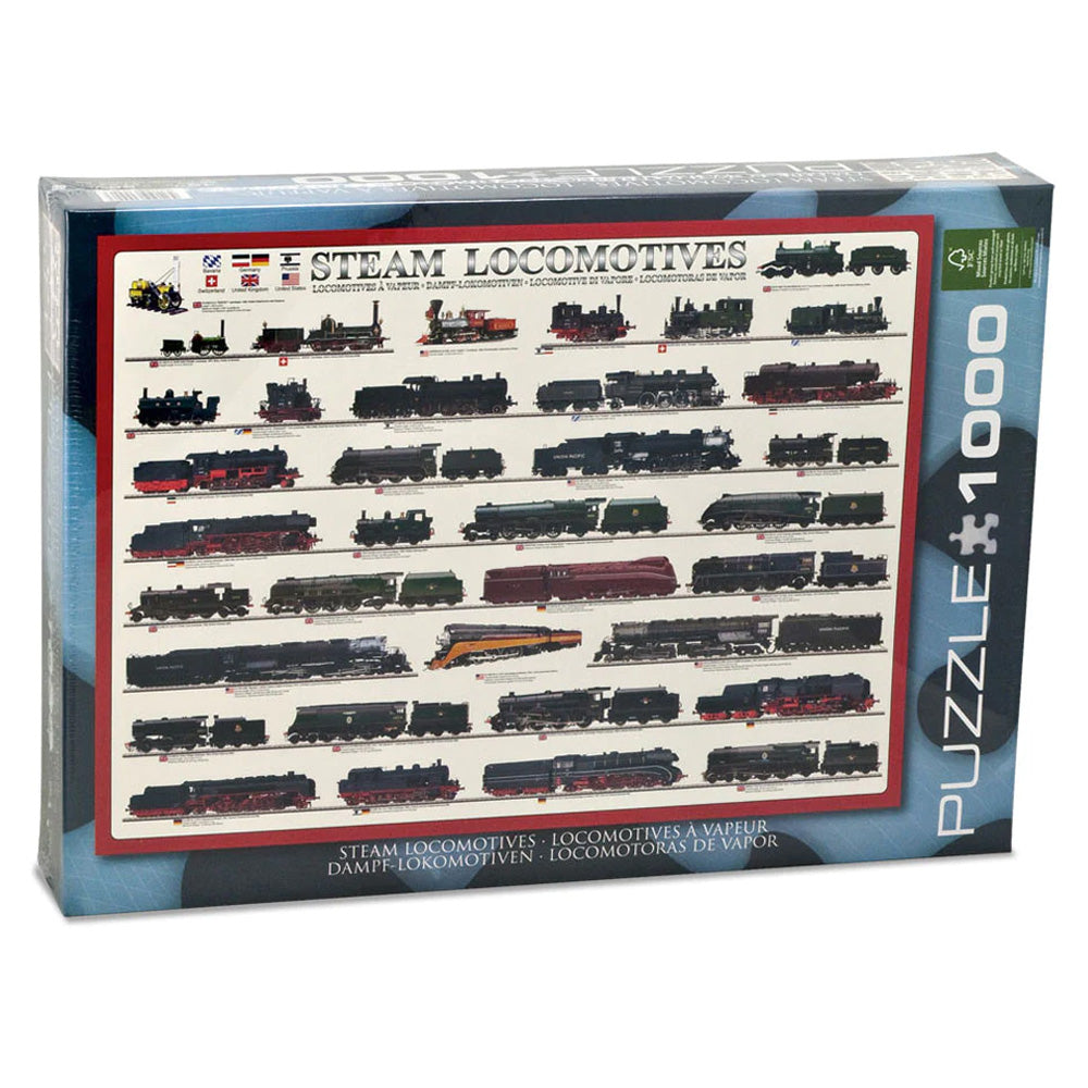 1,000 Piece Jigsaw Puzzle made from Recycled Paper depicting Illustrations of Various Steam Locomotive Trains throughout History shown in its original packaging by EuroGraphics.
