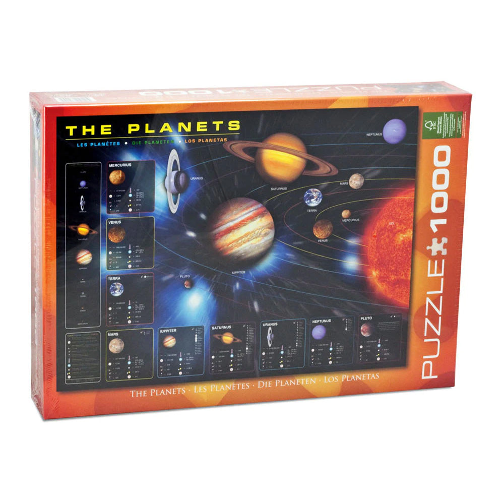 1,000 Piece Jigsaw Puzzle made from Recycled Paper depicting an Illustration of the Solar System and Diagrams of the 9 Planets and their Moons shown in its original packaging by EuroGraphics.