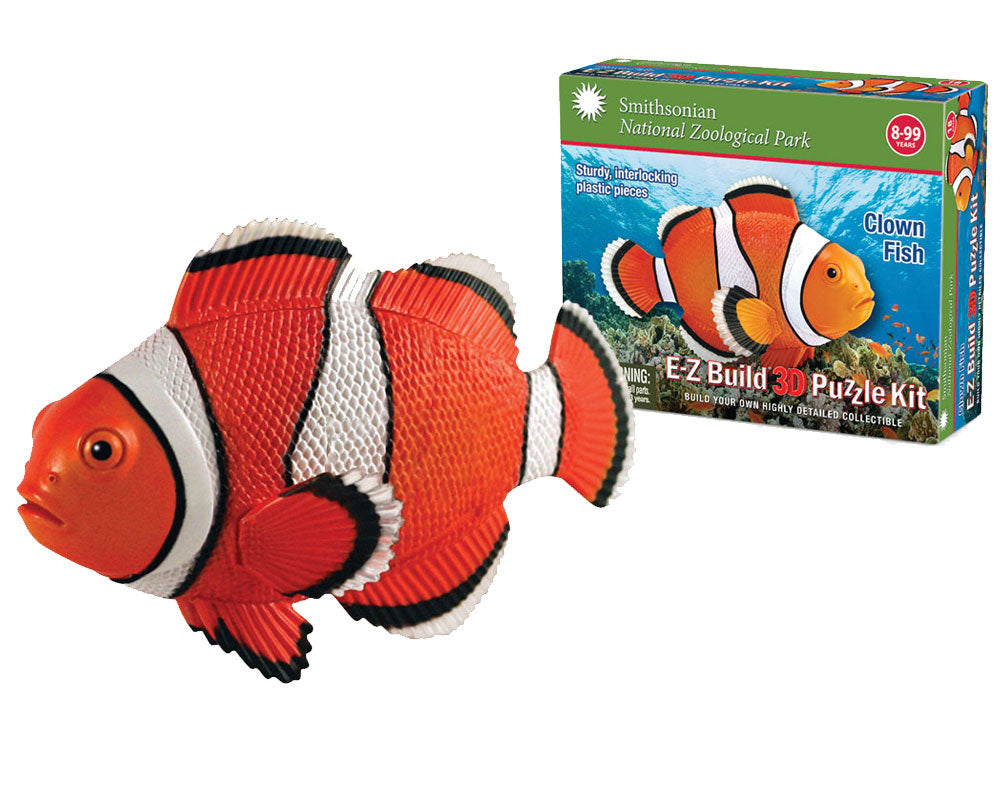 Durable Detailed Plastic 3-Dimensional Puzzle of a Clown Fish that comes in 18 Precisely Interlocking Small Plastic Pieces and when Assembled Creates a Highly Detailed Replica for Display or Play.