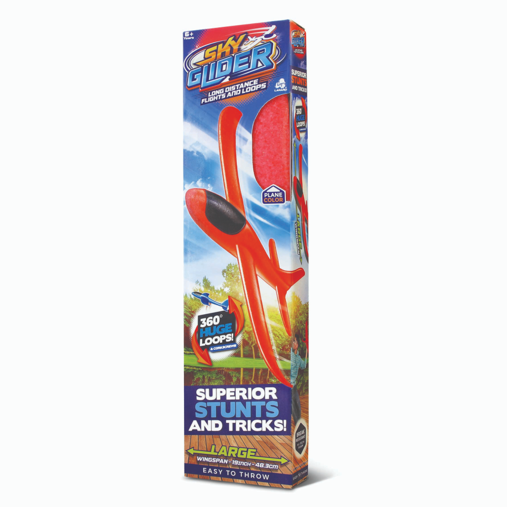 Lanard Toys Red Sky Foam Glider hand-launch stunt flyers have a 19" wingspan and can glide up to 100 feet! They also feature adjustable tail stabilizers for glides or loops and 360 degree stunts. Ages 6+ Wingspan: 19 inches Assorted Colors: Blue and Red Material: Foam