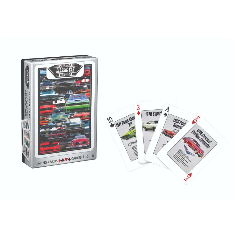 Muscle Car Playing Cards Auto enthusiasts will love these playing cards! Decks feature 52 different illustrated muscle car images and facts. Convenient countertop display contains 12 decks each and each deck comes in a sturdy storage box.