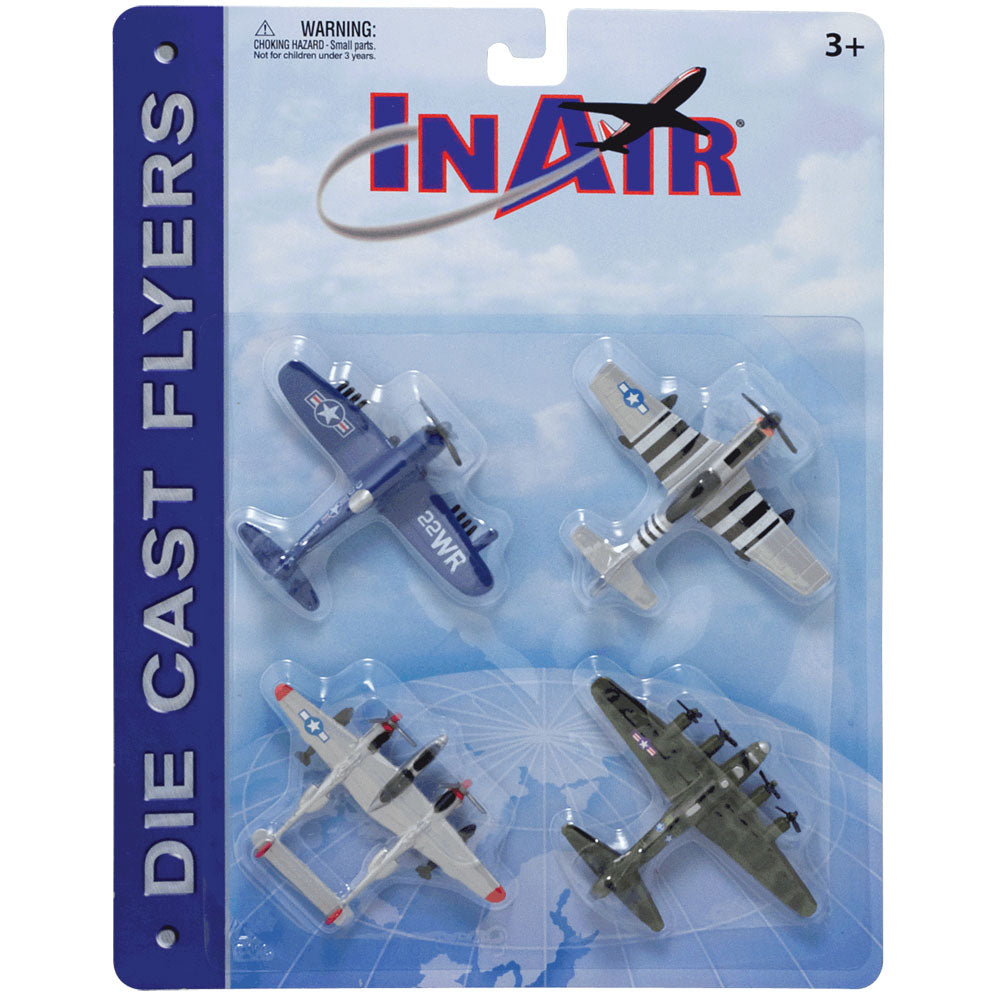 SET of 4 Durable Die Cast World War II Fighter Bomber Aircraft with Authentic Markings and Details including the B-17 Flying Fortress,  Vought F4U Corsair, P-51 Mustang, and P-38 Lightning II in its Original Packaging.