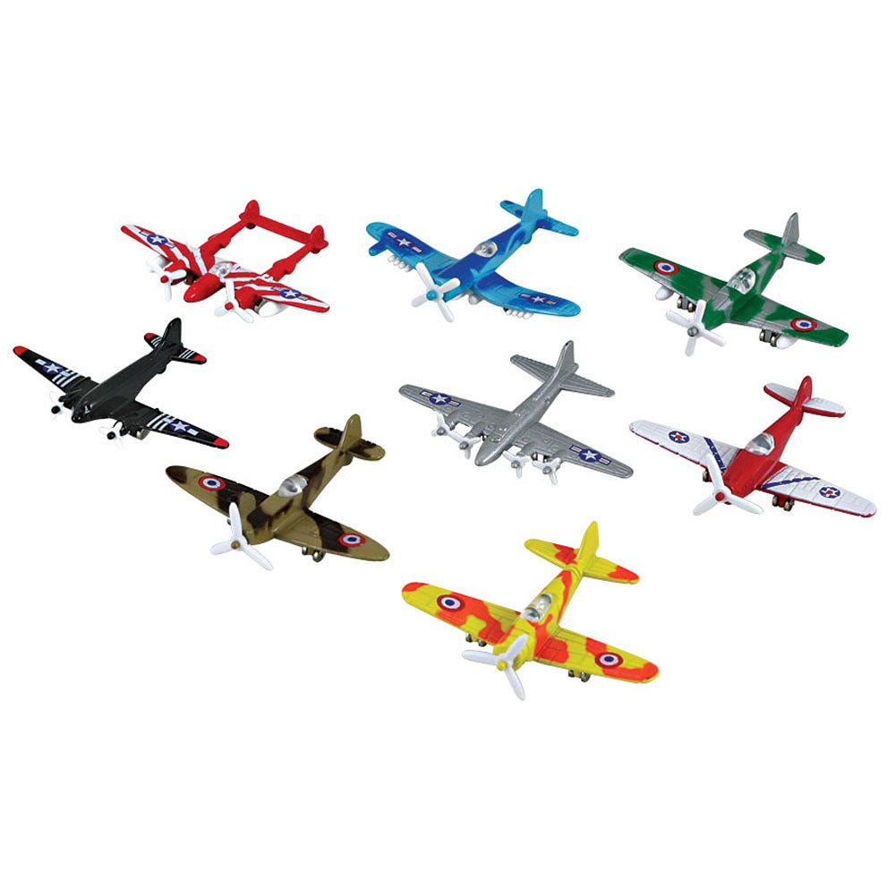 Set of 8 Small Colorful Die Cast Metal World War II Aircraft including an F4U Corsair, P-51 Mustang, P-38 Lightning, B-17 Flying Fortress, Supermarine Spitfire, C-47 Skytrain, Messerschmitt Bf 109, and Zero Fighter.