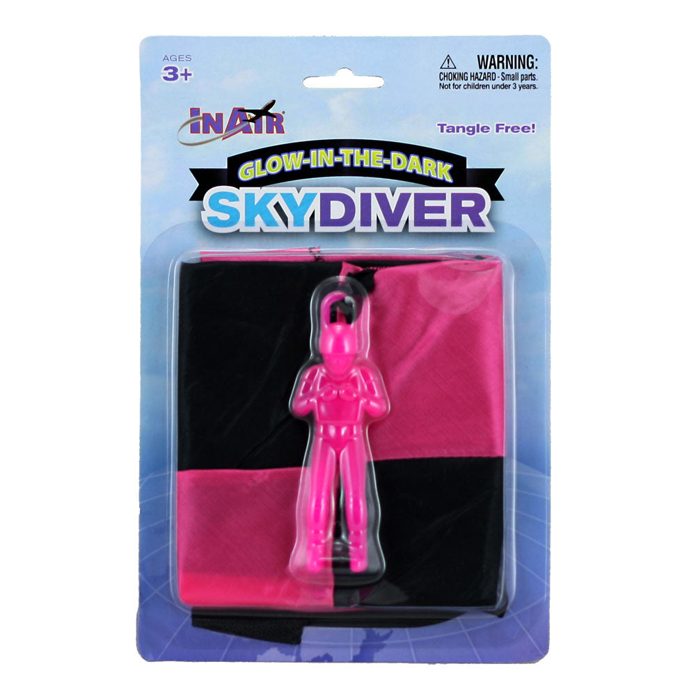 4 Inch Pink Durable Plastic Glow In the Dark Skydiver with 20 Inch Tangle Free Fabric Parachute in its Original Packaging.