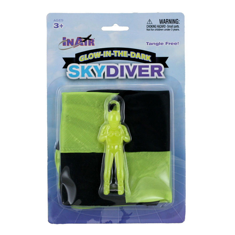 4 Inch Yellow Durable Plastic Glow In the Dark Skydiver with 20 Inch Tangle Free Fabric Parachute in its Original Packaging.