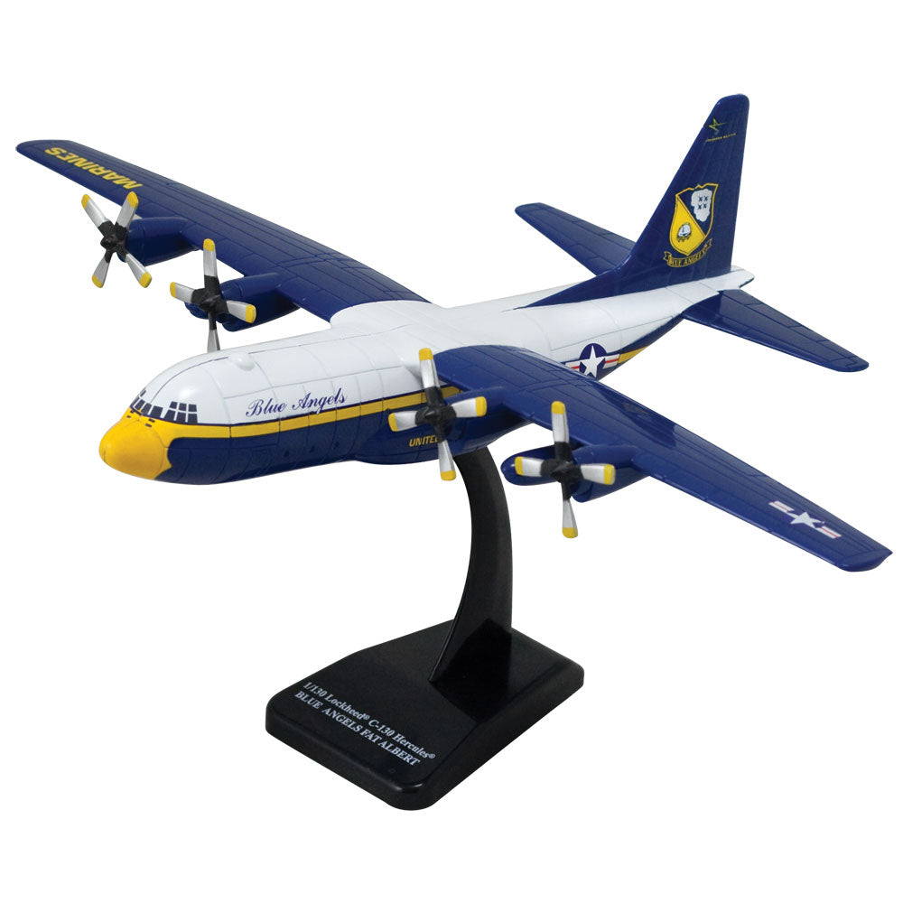Highly Detailed 1:130 Scale Plastic Model Kit Replica of a Lockheed C-130 Blue Angels Fat Albert Hercules Transport Aircraft with Detailed Markings and Display Stand that Includes Everything Needed for Assembly.