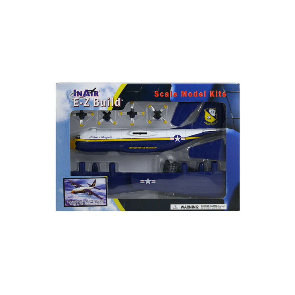 Highly Detailed 1:130 Scale Plastic Model Kit Replica of a Lockheed C-130 Blue Angels Fat Albert Hercules Transport Aircraft with Detailed Markings and Display Stand in its Original Packaging.