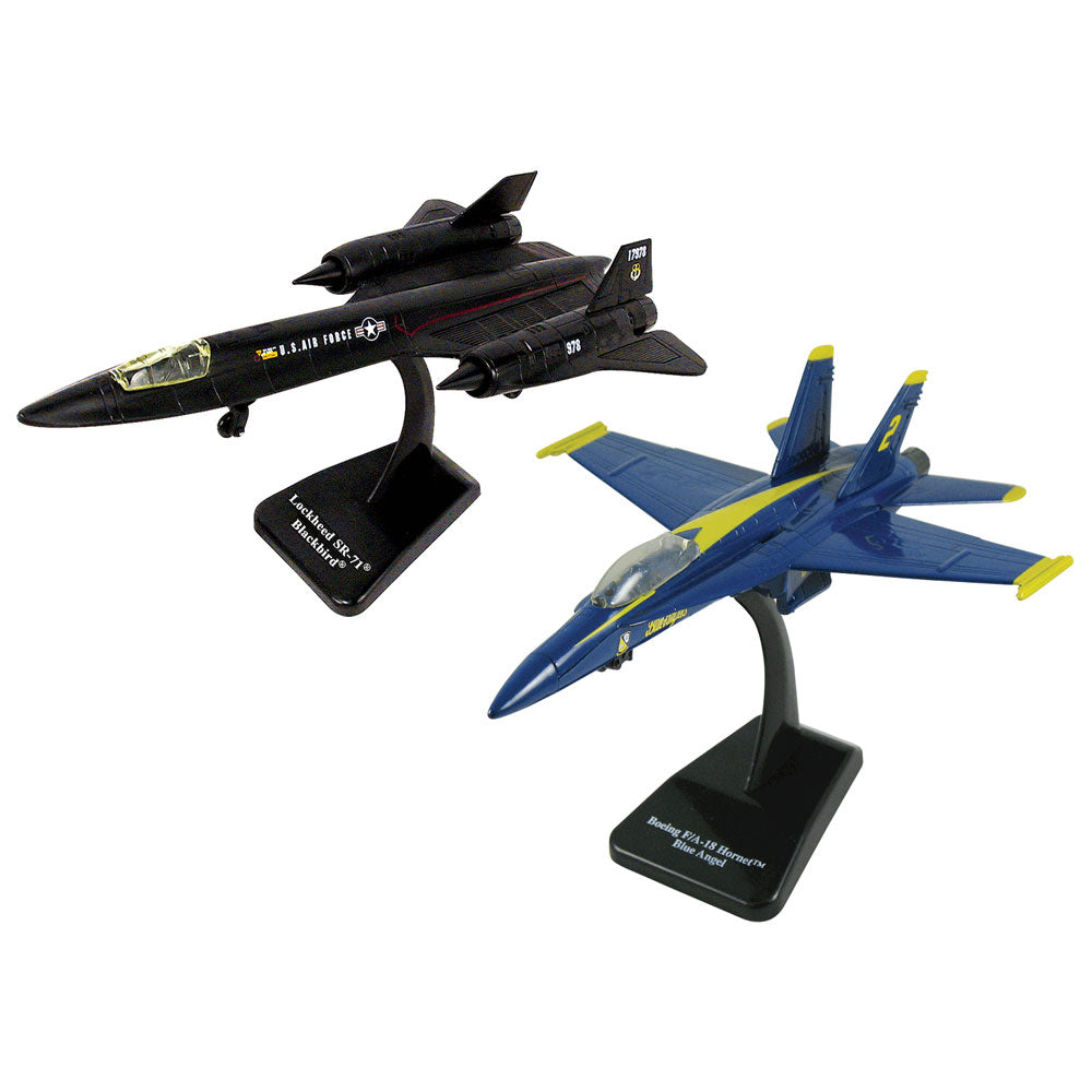 SET of 2 Highly Detailed 1:72 Scale Plastic Model Kit Replicas of Stealth & Fighter Aircraft with Detailed Markings and Display Stands that Include Everything Needed for Assembly. F/A-18 Hornet Blue Angels & SR-71 Stealth Blackbird.