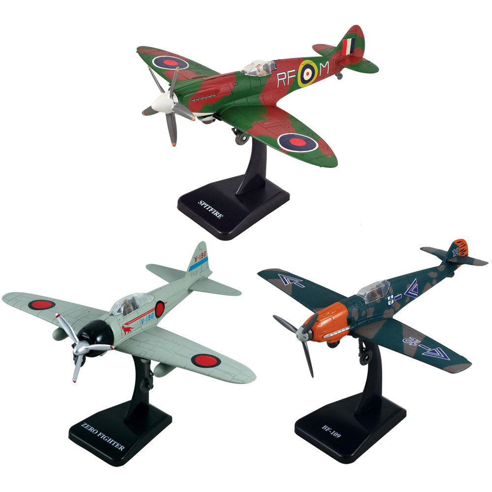 SET of 3 Highly Detailed 1:48 Scale Plastic Model Kit Replicas of World War II Fighter Aircraft with Detailed Markings and Display Stands that Include Everything Needed for Assembly. German Messerschmitt Bf 109, British Supermarine Spitfire, and Japanese Mitsubishi A6M Zero.