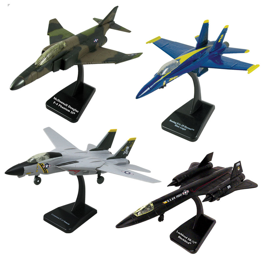 SET of 4 Highly Detailed 1:72 Scale Plastic Model Kit Replicas of Modern Fighter Bomber Aircraft with Detailed Markings and Display Stands that Include Everything Needed for Assembly. F/A-18 Hornet Blue Angels, F-4 Phantom II, F-14 Tomcat Sweep Wing, & SR-71 Stealth Blackbird.