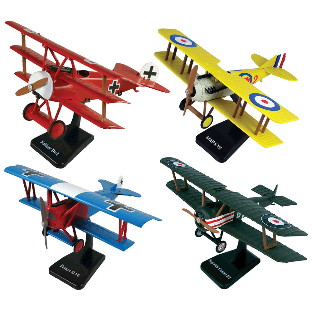 SET of 4 Highly Detailed 1:48 Scale Plastic Model Kit Replicas of World War I Biplane & Triplane Fighter Aircraft with Detailed Markings and Display Stands that Include Everything Needed for Assembly. Fokker Dr.1 Red Barron, Spad S.VII, Fokker D.VII, and Sopwith Camel F.1.