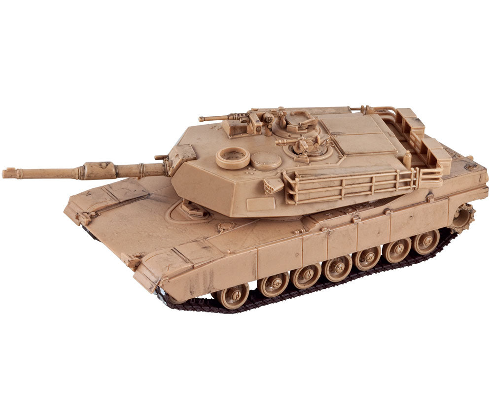Highly Detailed Battery Operated 1:32 Scale Plastic Model Kit Replica of a Desert Sand M1A1 Abrams Military Tank with Movable Turret, Wheels, and Opening Hatch measuring 9 Inches Once Fully Assembled. On/Off Switch Controls Forward Movement.