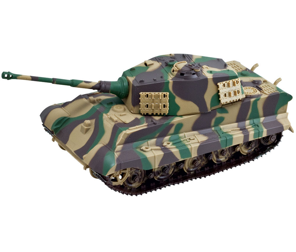 Highly Detailed Battery Operated 1:32 Scale Plastic Model Kit Replica of a Camouflage Panzer King Tiger II Military Tank with Movable Turret, Wheels, and Opening Hatch measuring 9 Inches Once Fully Assembled. On/Off Switch Controls Forward Movement.