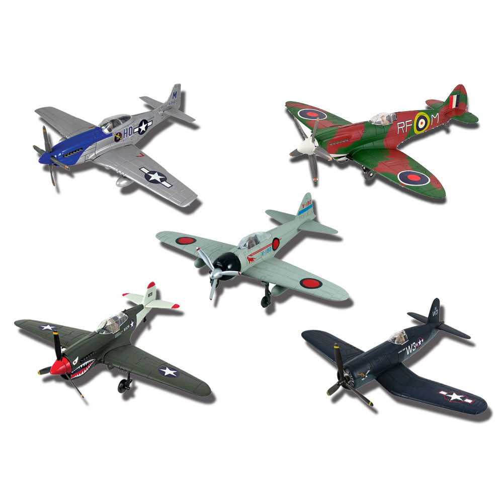 SET of 5 Highly Detailed 1:48 Scale Plastic Model Kit Replicas of World War II Fighters with Detailed Markings and Display Stands that Include Everything Needed for Assembly. P-51 Mustang, P-40 Warhawk, F4U Corsair, Supermarine Spitfire, and Mitsubishi Zero.