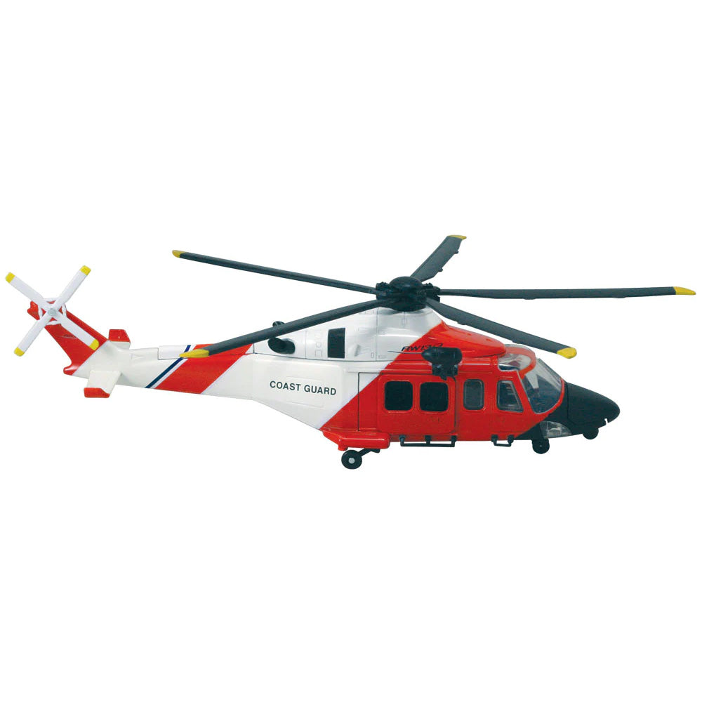 1:43 Scale Die Cast Metal and Plastic Collectible Red & White AgustaWestland AW139 US Coast Guard Helicopter with Authentic Details, Opening Doors, Spinning Props, Display Stand and Educational Collectors Card.