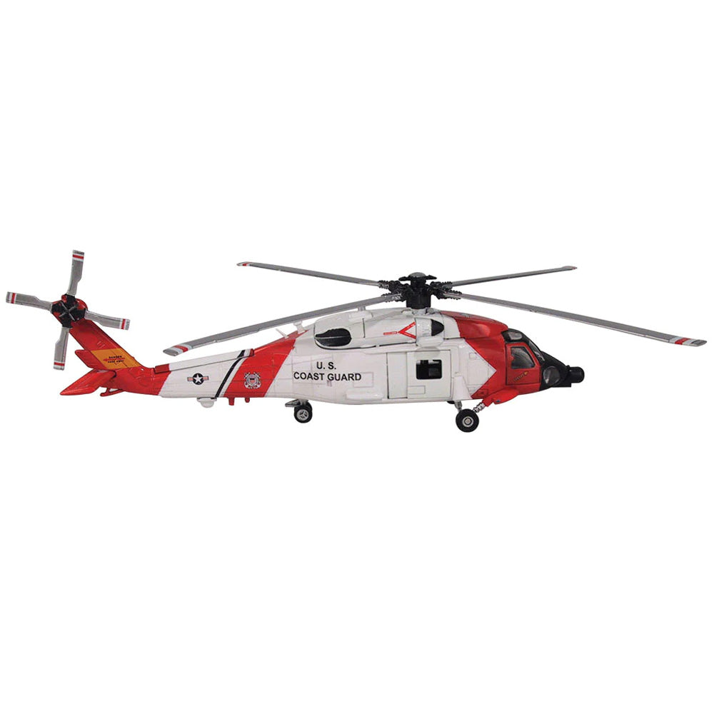 1:60 Scale Die Cast Metal and Plastic Collectible Red & White Sikorsky HH-60 Jayhawk US Coast Guard Helicopter with Authentic Details, Opening Doors, Spinning Props, Display Stand and Educational Collectors Card.