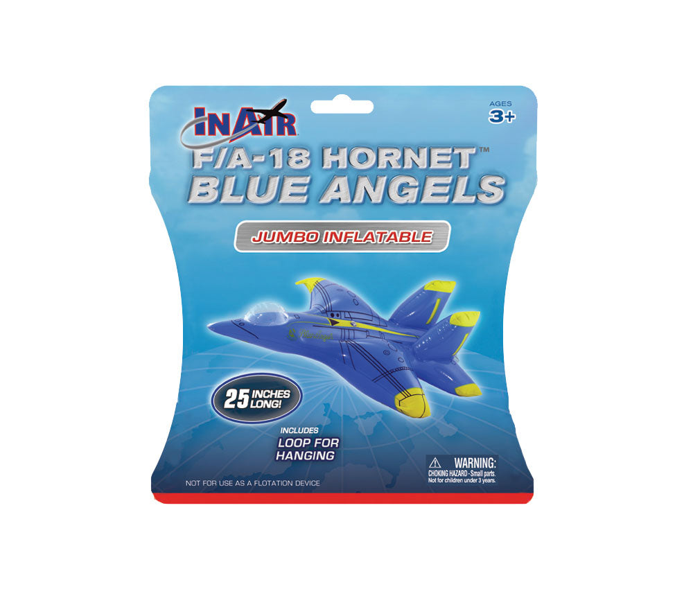25 Inch Long Jumbo Inflatable F/A-18 Hornet Blue Angels Aircraft with Hook for Hanging in its Original Packaging with Educational Information on the Back.