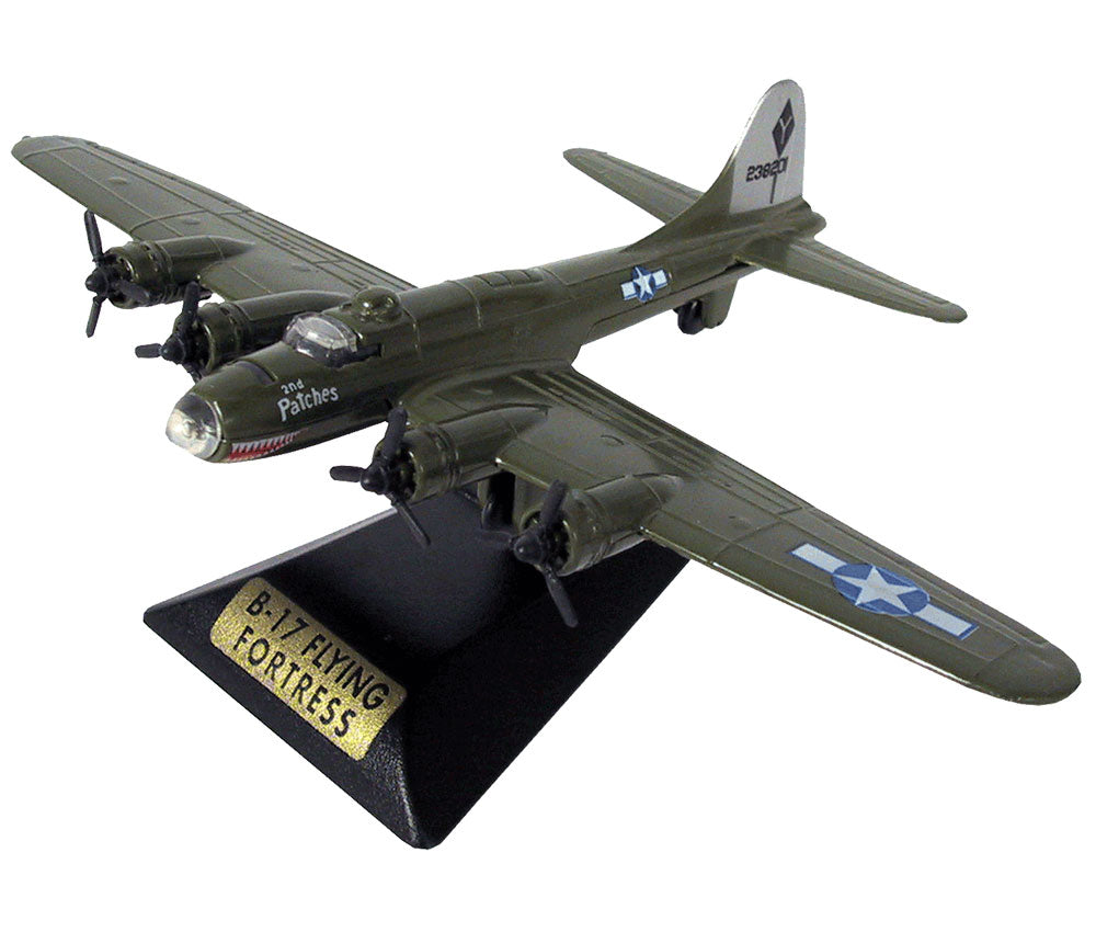 Sturdy Die Cast Metal Scale Replica of a Green Boeing B-17 Flying Fortress World War II Heavy Bomber Aircraft with Authentic Markings & Details, Moving Parts and Display Stand by RedBox / Motormax.