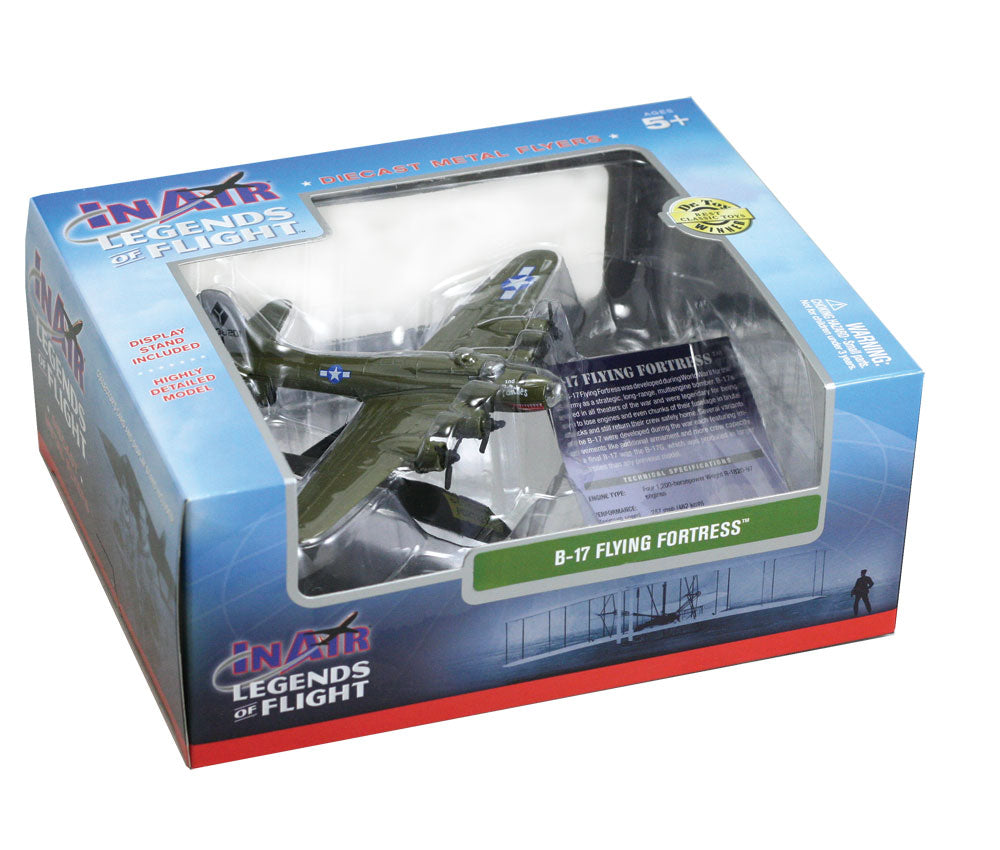 Sturdy Die Cast Metal Scale Replica of a Green Boeing B-17 Flying Fortress World War II Heavy Bomber Aircraft with Authentic Markings & Details, Display Stand and Educational Collectors Card in its Original Packaging.