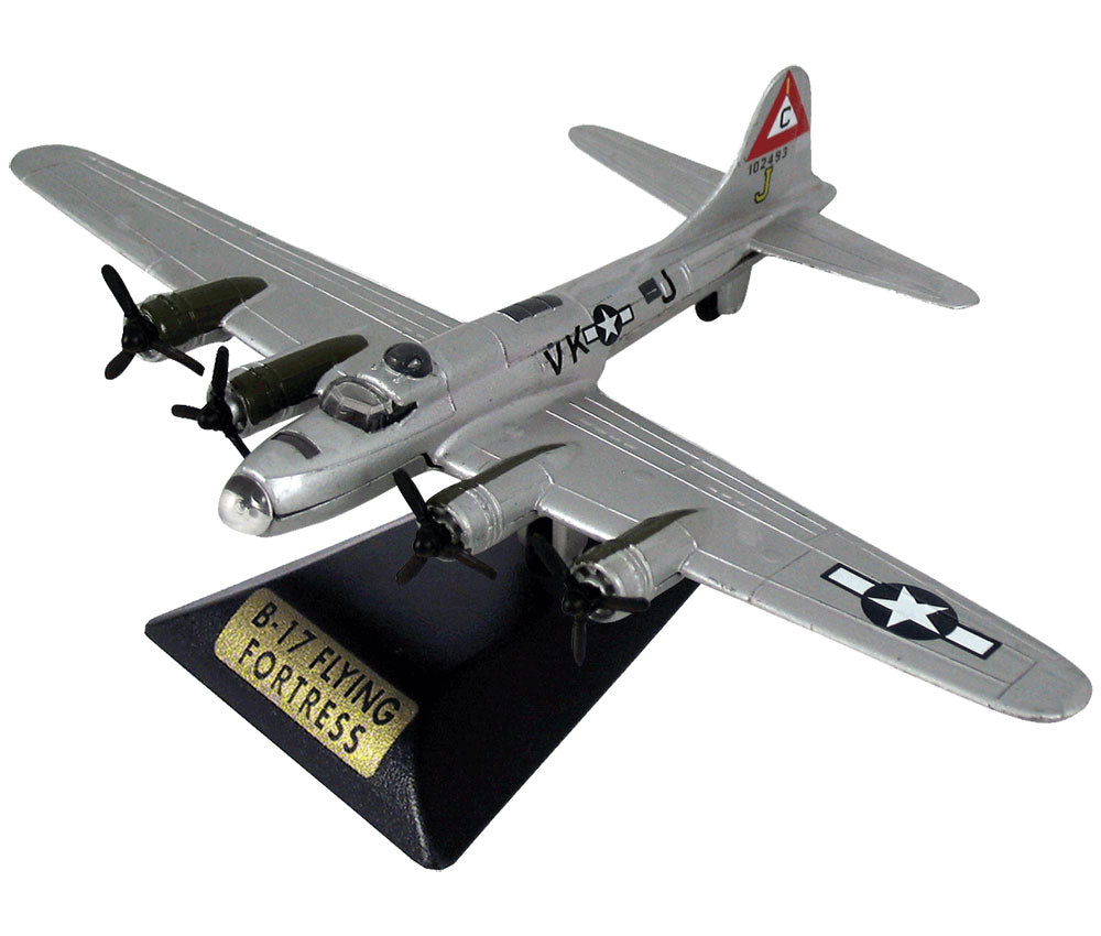 Sturdy Die Cast Metal Scale Replica of a Silver Boeing B-17 Flying Fortress World War II Heavy Bomber Aircraft with Authentic Markings & Details, Moving Parts and Display Stand by RedBox / Motormax.