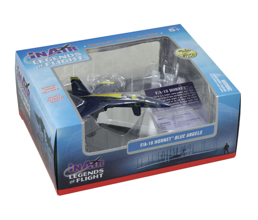 Sturdy Die Cast Metal Scale Replica of a Blue McDonnell Douglas F/A-18 Hornet Blue Angels Combat Jet Fighter Aircraft with Authentic Markings & Details, Display Stand and Educational Collectors Card in its Original Packaging.