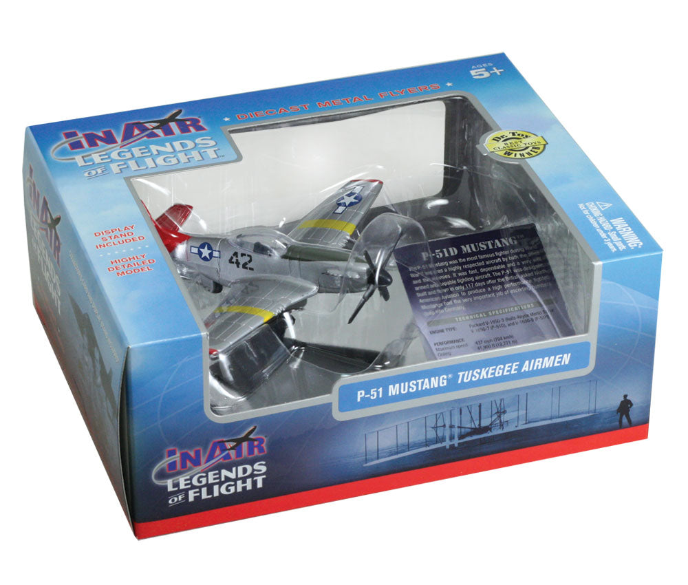 Sturdy Die Cast Metal Scale Replica of a North American P-51 Mustang Tuskegee Airman “Red Tails” World War II Fighter Aircraft with Authentic Markings & Details, Display Stand and Educational Collectors Card in its Original Packaging.
