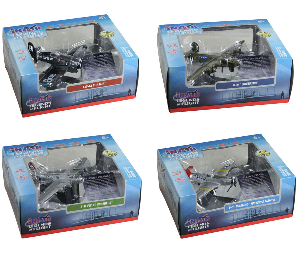 SET of 4 Sturdy Die Cast Metal Scale Replica of World War II Fighter Bomber Aircraft with Authentic Markings & Details, Display Stands and Educational Collectors Cards in their Original Packaging.
