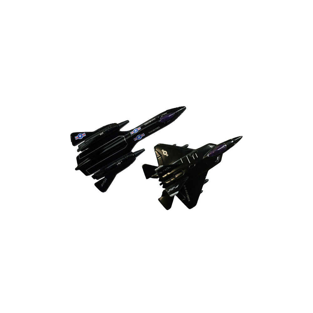 SET of 2 Durable Die Cast Stealth Reconnoissance Fighter Jet Aircraft featuring Friction Powered Pullback Action and Authentic Markings. Jets pictured are the SR-71 Blackbird and the F-22 Raptor.