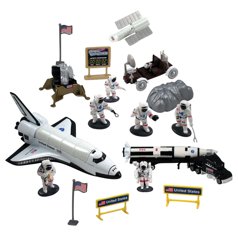 Deluxe 20 Piece Die Cast Metal and Plastic Playset including Space Shuttle Orbiter, Saturn V Rocket with Payload Tow Truck, Lunar Lander & Rover, 6 Astronauts, Terrain, Plastic Accessories and Educational Rocket Poster.