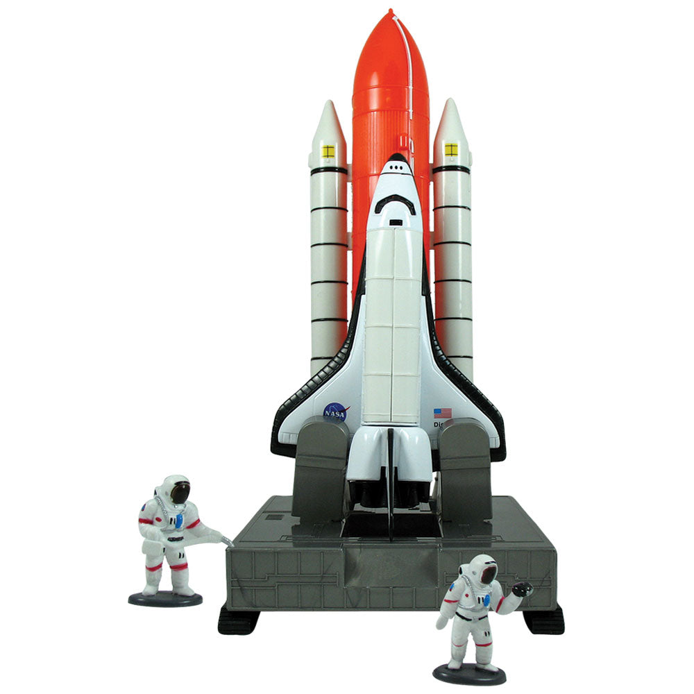 Deluxe 12 inch Tall Space Shuttle Launch Center Playset with Space Shuttle Orbiter featuring removable Rocket Boosters, Metal Bay Doors Open to Reveal a Satellite, 2 Plastic Astronauts & Educational Rocketry Poster.