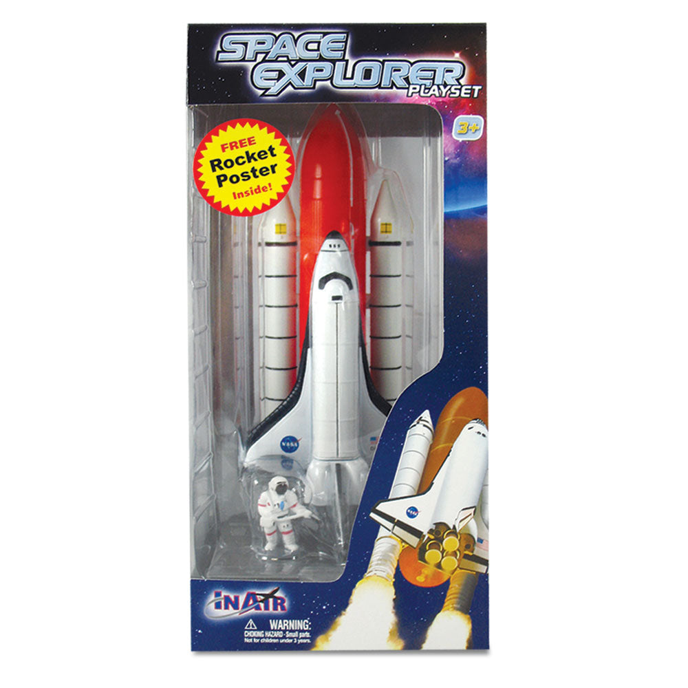 Deluxe 12 inch Tall Space Shuttle Launch Center Playset with Space Shuttle Orbiter featuring removable Rocket Boosters, Metal Bay Doors Open to Reveal a Satellite, 2 Plastic Astronauts & Educational Rocketry Poster in its Original Packaging.