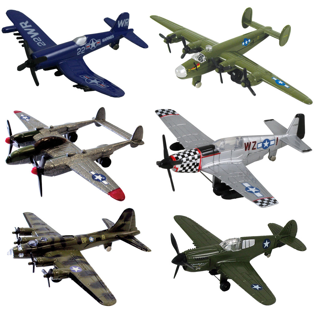 Assortment of authentically detailed, bestselling WW2 WWII airplanes including the B-17 Flying Fortress, F4U Corsair, P-40 Warhawk, P-51 Mustang, P-38 Lightning and the B-24 Liberator. This set now includes an informative World War II aircraft fact sheet and aircraft identification guide InAir Diecast Flyers Boeing Lockheed Northrup Grumman licensed toy airplane models.