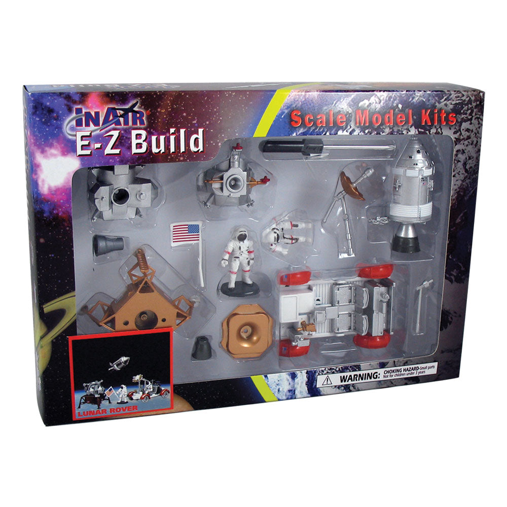 Highly Detailed Plastic Model Kit Replica of a NASA Lunar Command Module, Lunar Rover, Lunar Lander and Astronaut with American Flag in its Original Packaging.