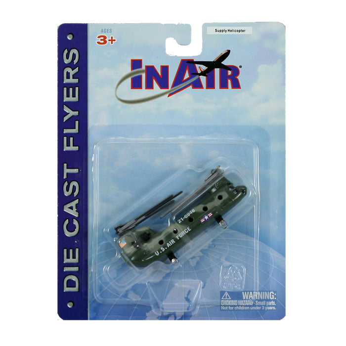 3.5 Inch Diecast Metal Boeing Green Camouflage CH-47 Chinook Transport and Supply Helicopter with Authentic Markings and Details in its Original Packaging InAir Diecast Flyer RedBox / Motormax.