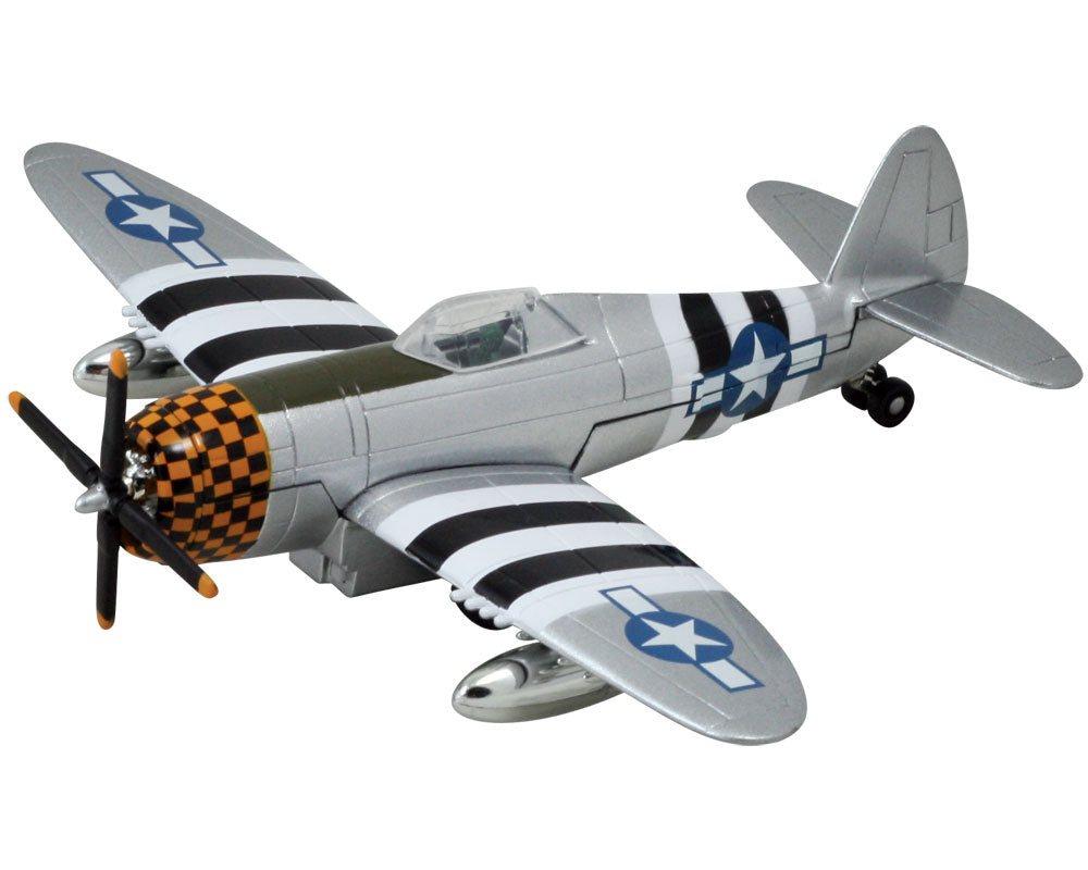 InAir 8 Inch Diecast Metal and Plastic Friction Powered Pullback Republic P-47 Thunderbolt World War II Fighter Aircraft with Historically Accurate Markings and Checkered Nose Cone.