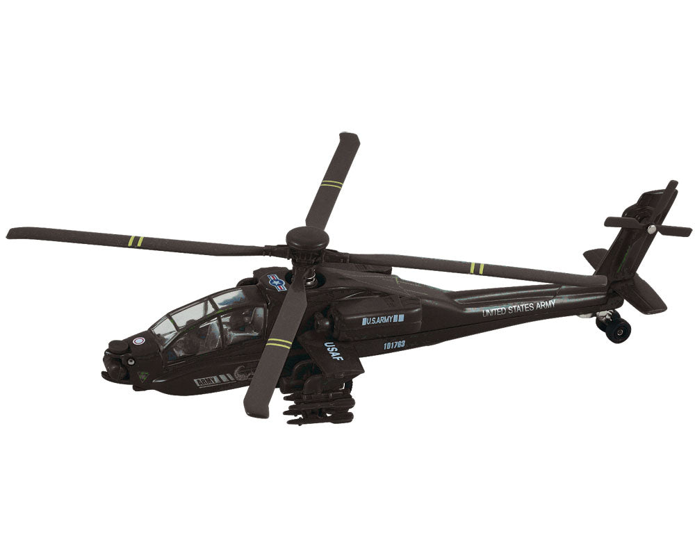 InAir 8 Inch Diecast Metal and Plastic Friction Powered Pullback Boeing AH-64 Apache Military Attack Helicopter with Spinning Rotors in Black.