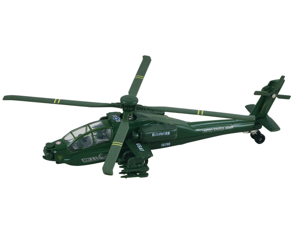 InAir 8 Inch Diecast Metal and Plastic Friction Powered Pullback Boeing AH-64 Apache Military Attack Helicopter with Spinning Rotors in Green.