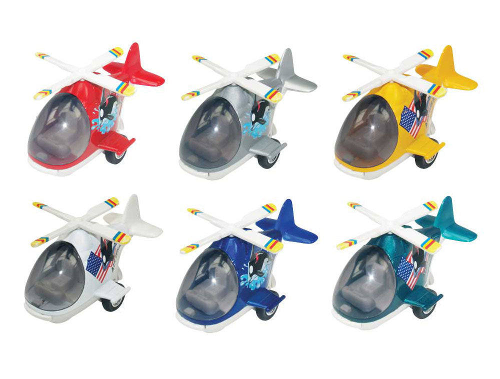 SET of 6 Friction-Powered Colorful Helicopters with Cockpits that Open and  Propellers that Spin when the toys zoom forward.