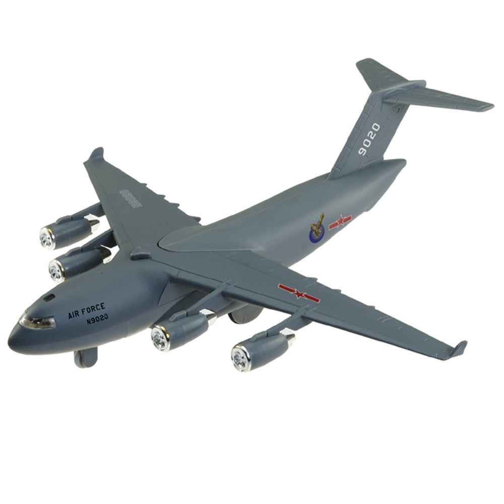 Children will love this diecast metal pullback replica of a military transport aircraft! Model opens to reveal tanks and humvees inside.   Pull Back & Go Action! Flashing lights & authentic sounds! Diecast metal and plastic 8 inches long C-17 Loadmaster C-17 Globemaster